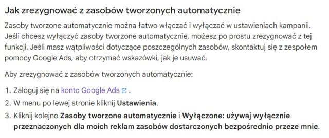 Usunięcie sekcji "Zasoby tworzone automatycznie" z ustawień kampanii i konta