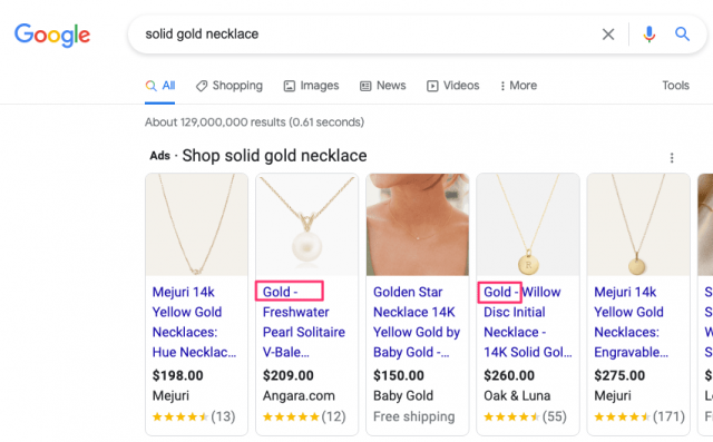 Rodzaj materiału w nazwie produktu w reklamach produktowych