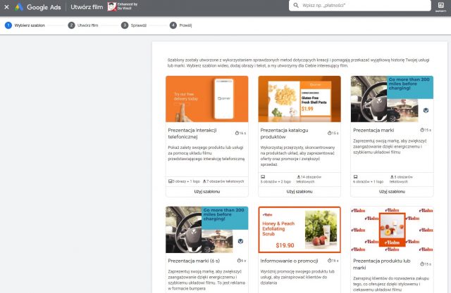 Jak za darmo stworzyć video reklamowe w Google Ads - wybór szablonu