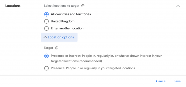 Nowe funkcje w kampaniach Performance Max - opcje lokalizacji
