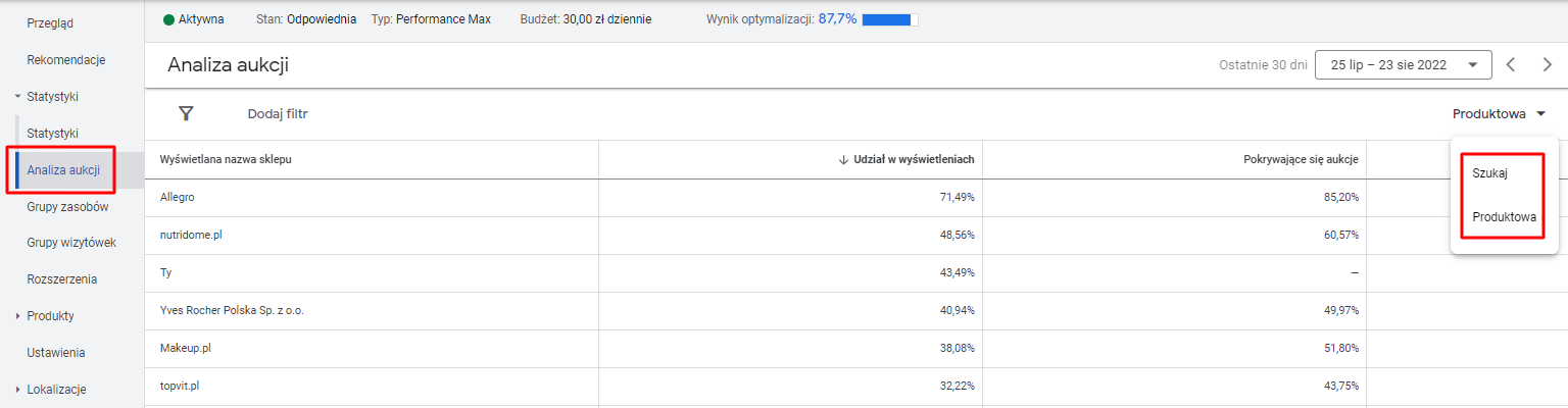 Analiza aukcji w kampaniach Performance Max