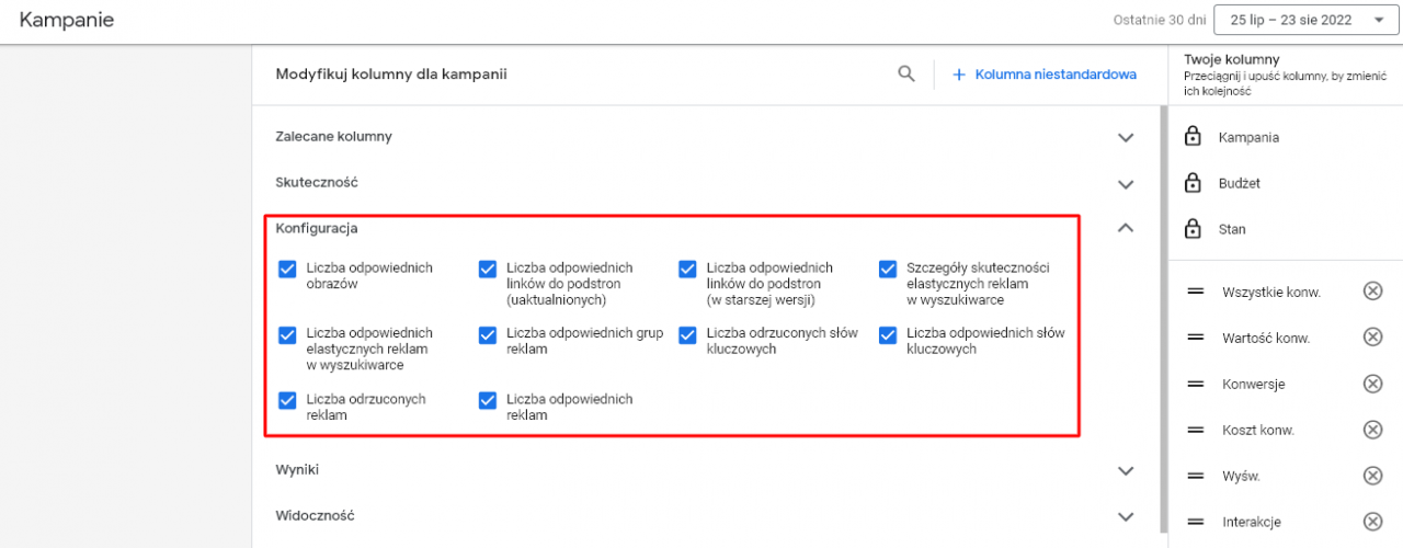 Nowy zestaw kolumn w raportach - konfiguracja