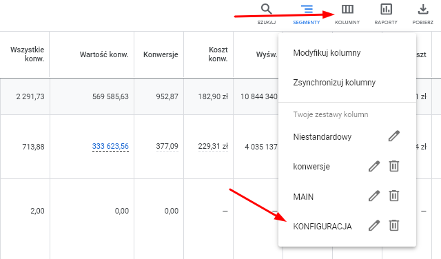 Nowy zestaw kolumn w raportach - konfiguracja - zapisany zestaw kolumn