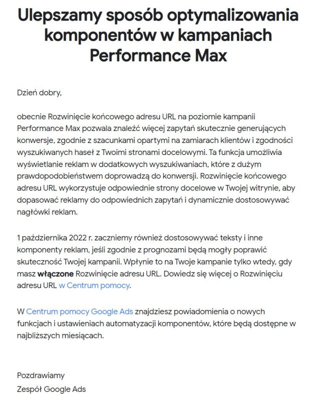 Zmiana działania opcji "Rozwinięcie końcowego adresu URL" w kampaniach Performance Max