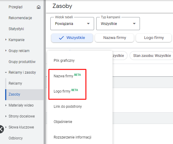 Nowe typy zasobów w reklamach (nazwa firmy i logo firmy) oraz zmiana nazewnictwa oznaczania reklam