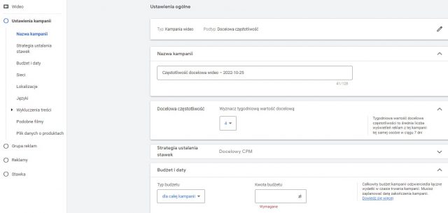 Nowy podtyp kampanii wideo - Docelowa częstotliwość