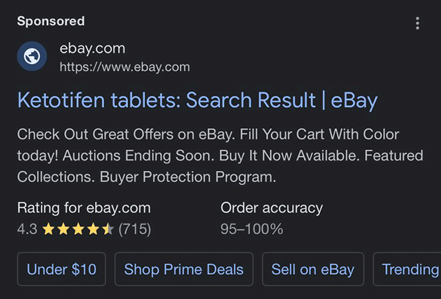 Dodatkowe informacje pod reklamami sklepów internetowych