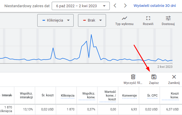 Filtry Google Ads - praktyczne przykłady - jak zapisać filtr
