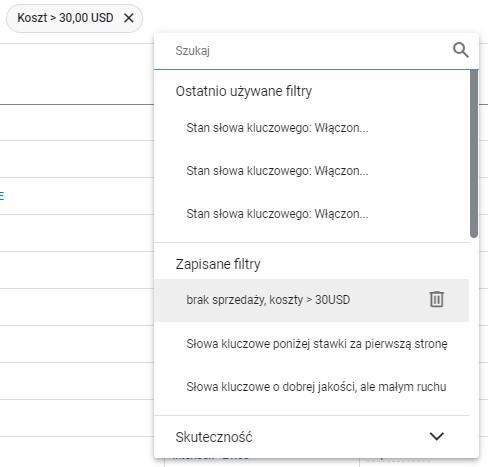 Filtry Google Ads - praktyczne przykłady - jak zapisać filtr