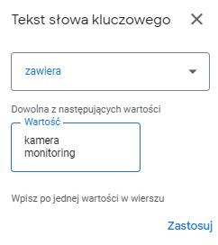 Filtry Google Ads - praktyczne przykłady - tekst słowa kluczowego