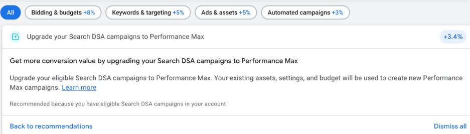 Rekomendacja dotycząca migracji kampanii DSA do Performance Max