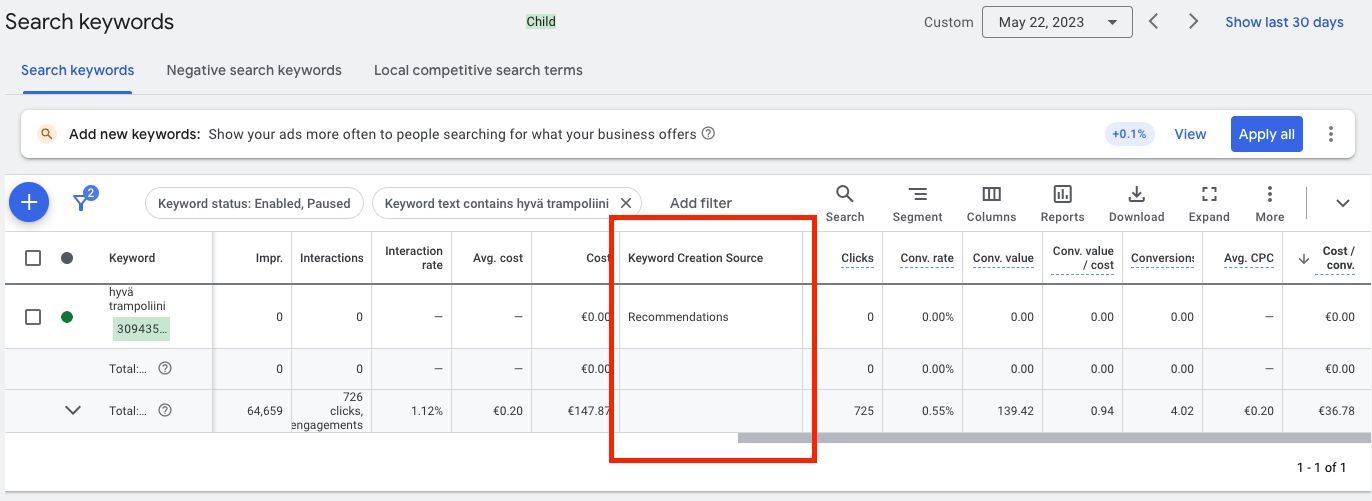 Nowa kolumna - Keyword Creation Source