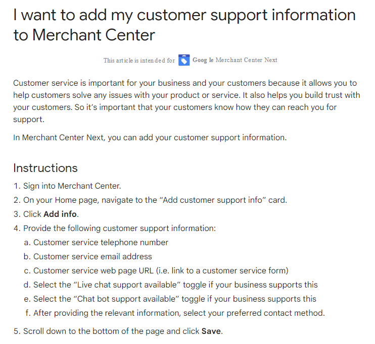 Obsługa klienta w Merchant Center Next