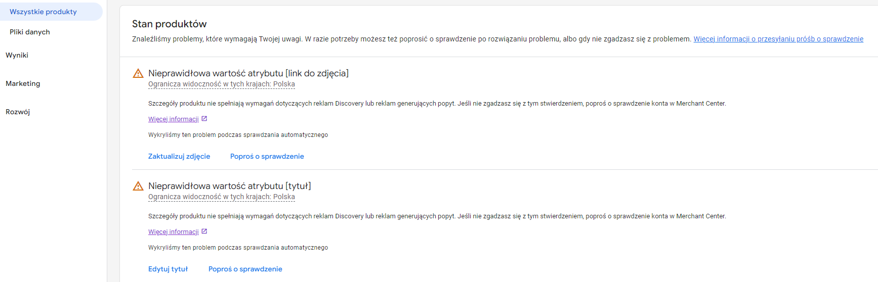 Nowe powiadomienie w Merchant Center dot. reklam Discovery i reklam generujących popyt