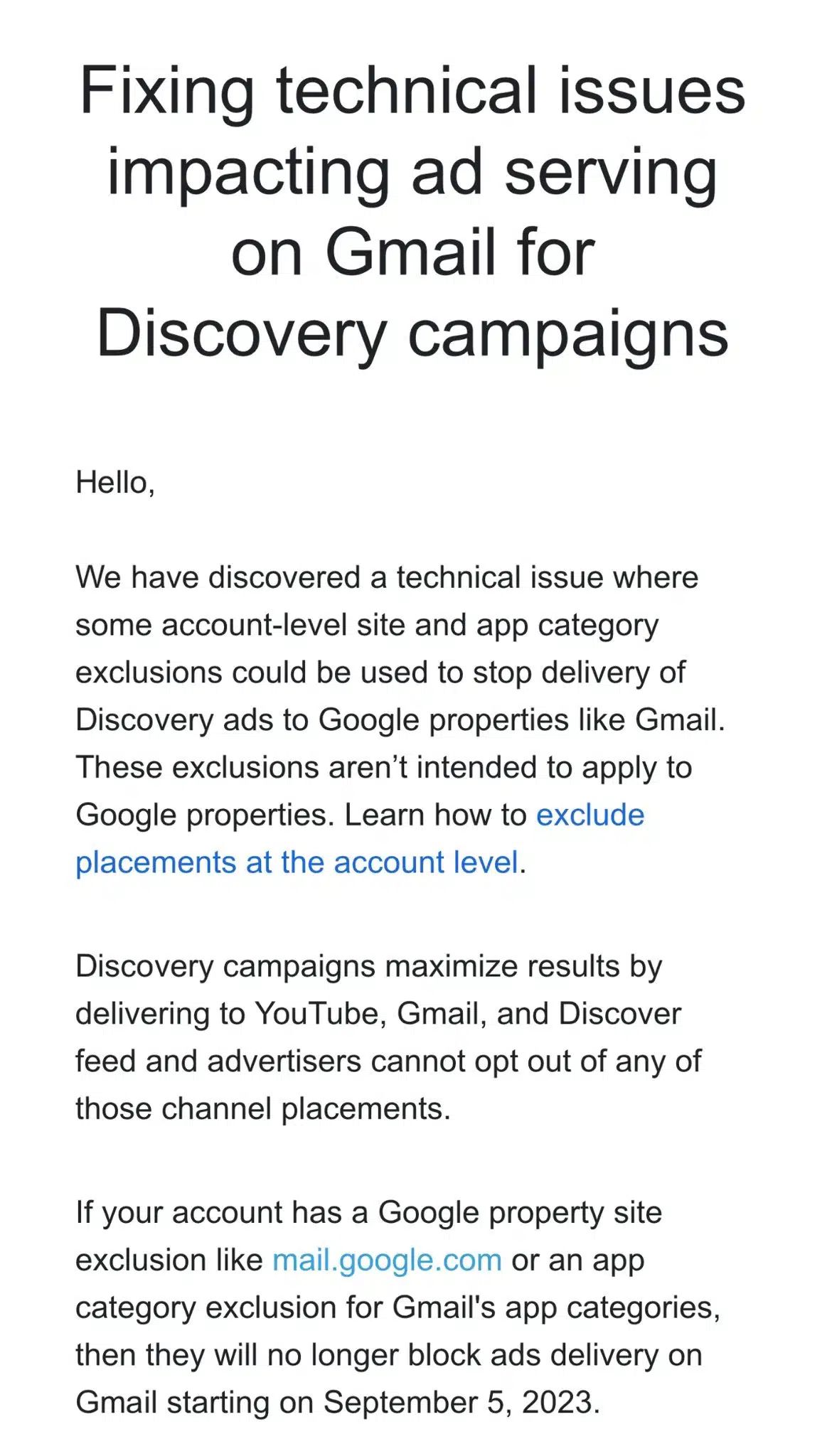 Problem z wyświetlaniem reklam w Gmailu w kampaniach Discovery
