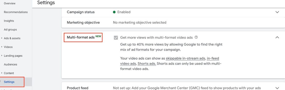Nowa opcja ustawień kampanii video - reklamy wieloformatowe