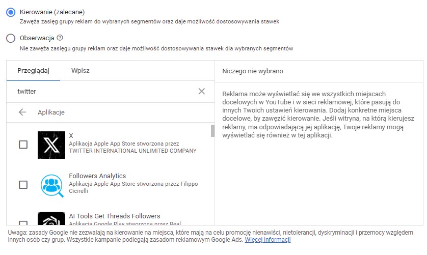 Możliwość kierowania reklam na aplikację Twittera (X)