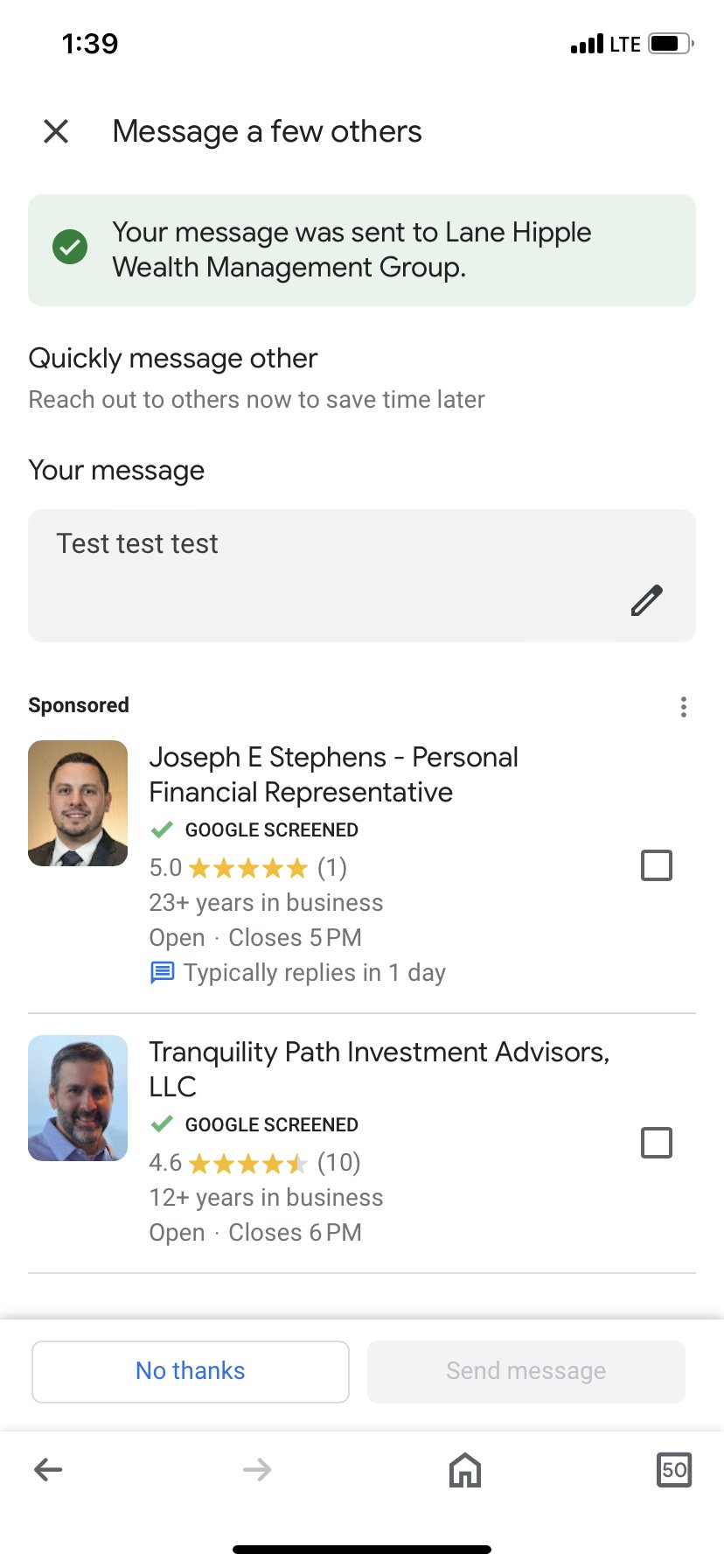 Reklamy usług lokalnych po wysłaniu wiadomości