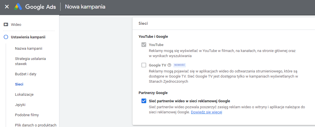 Google TV w ustawieniach sieci w kampaniach video