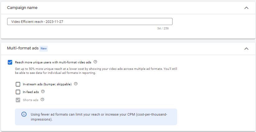 Możliwość wyboru konkretnych rodzajów reklam wieloformatowych w kampanii video
