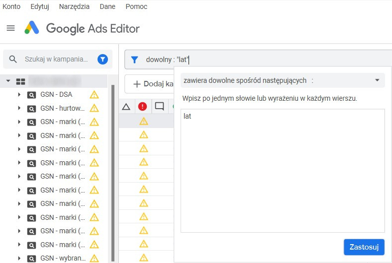 Edytor Google Ads – przydatne funkcje - szybka zmiana elementów tekstowych w reklamie (część 5)