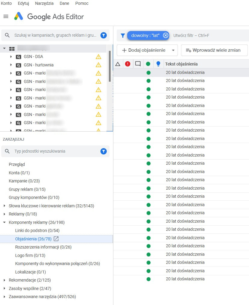 Edytor Google Ads – przydatne funkcje - szybka zmiana elementów tekstowych w reklamie (część 5)