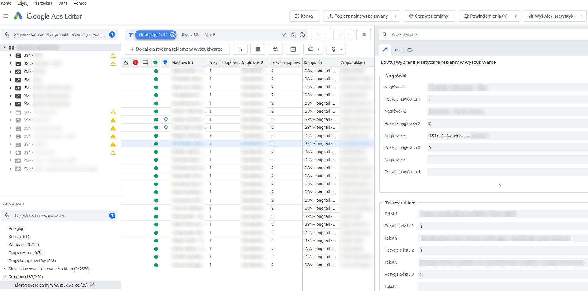 Edytor Google Ads – przydatne funkcje - szybka zmiana elementów tekstowych w reklamie (część 5)