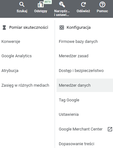 Połączone konta w menedżerze danych