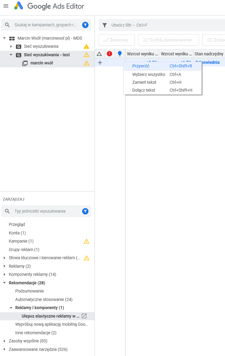 Jak usunąć skopiowane rekomendacje w nowych kampaniach w Edytorze Google Ads