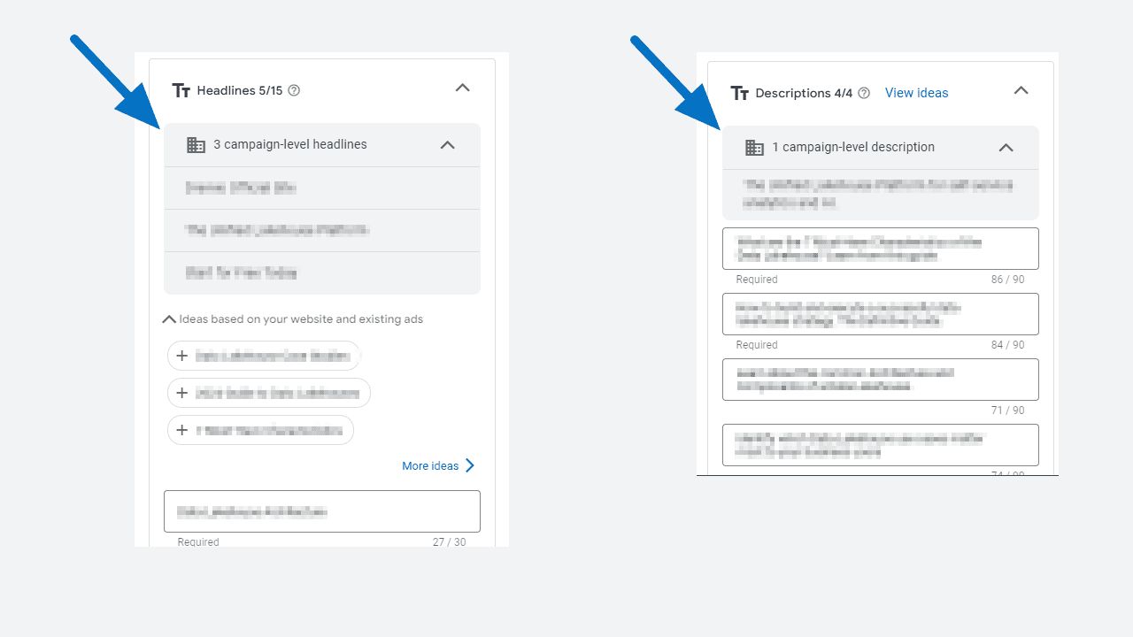 Zasoby na poziomie konta w panelu edycji elastycznej reklamy w wyszukiwarce