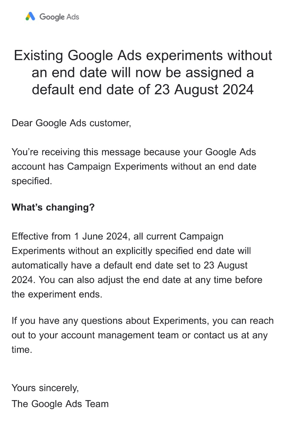 Wstrzymanie eksperymentów Google Ads bez daty zakończenia