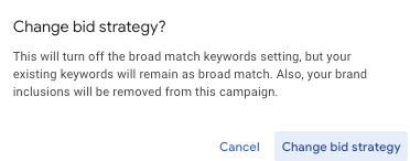 Okno dialogowe zmiany strategii ustalania stawek w Google Ads