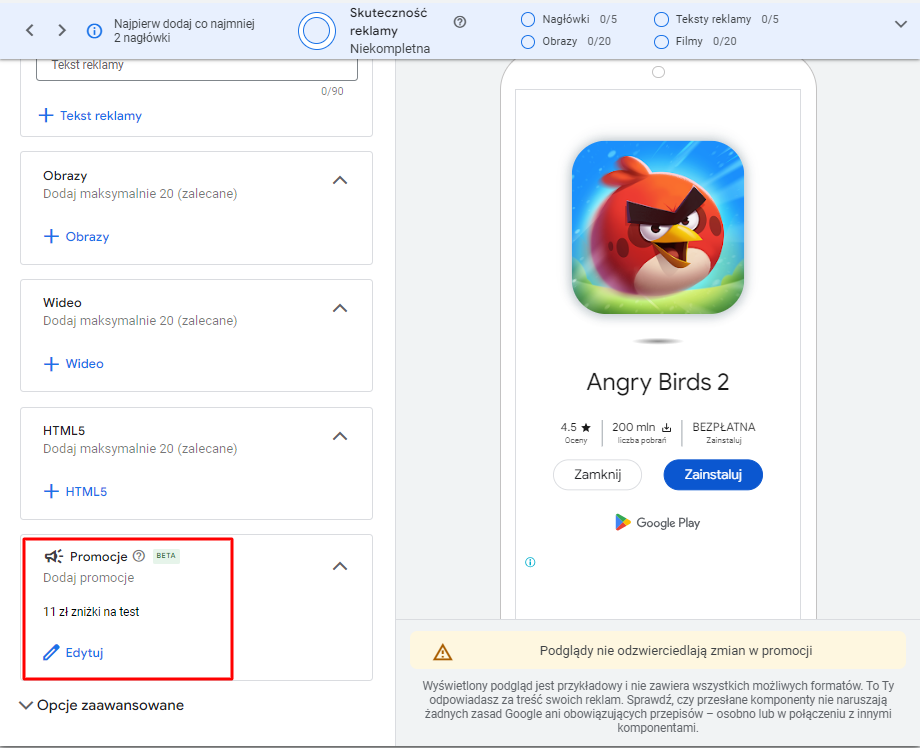 Promocje w kampaniach promujących aplikacje