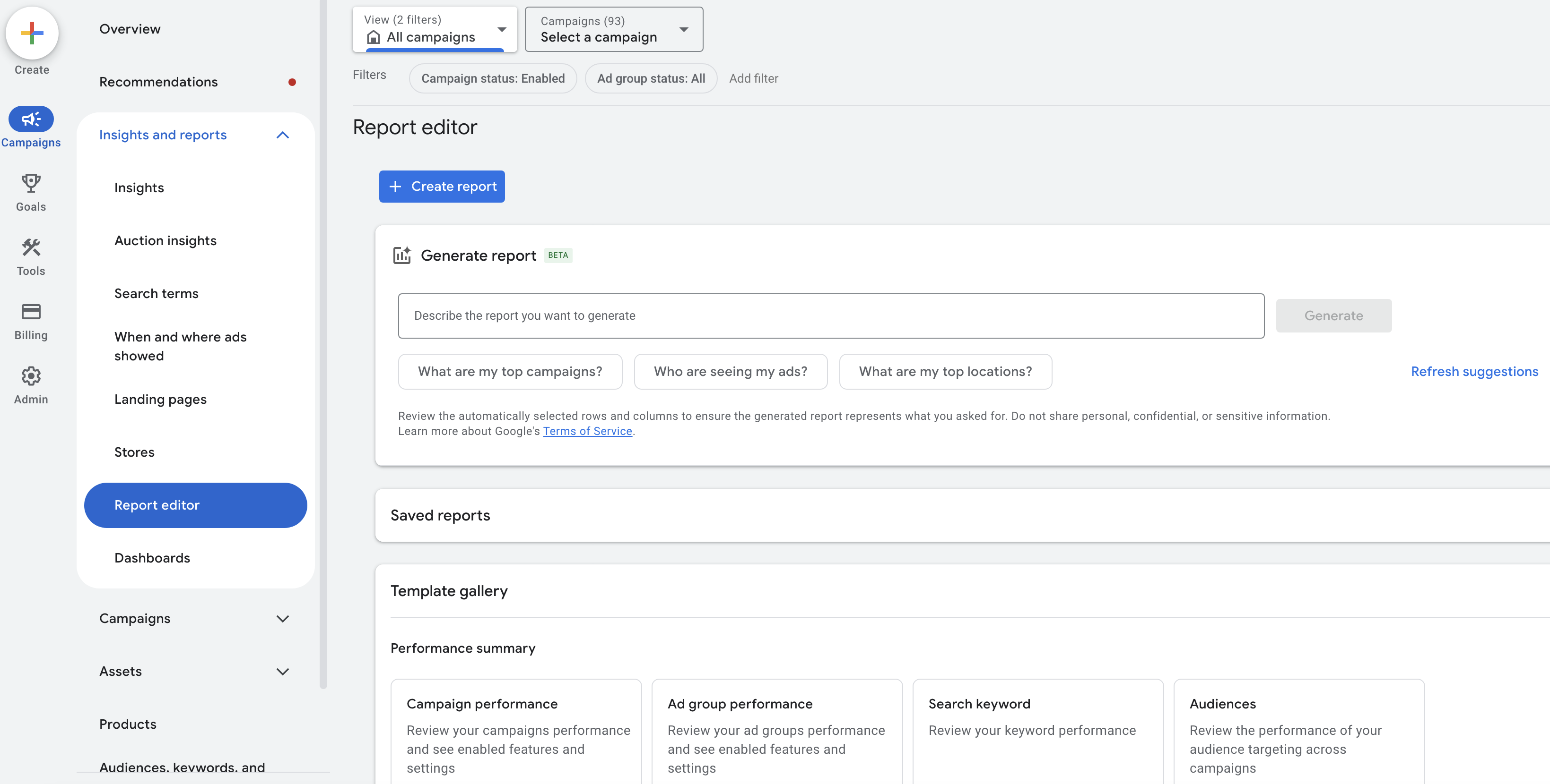 Generowanie raportów z AI w Google Ads