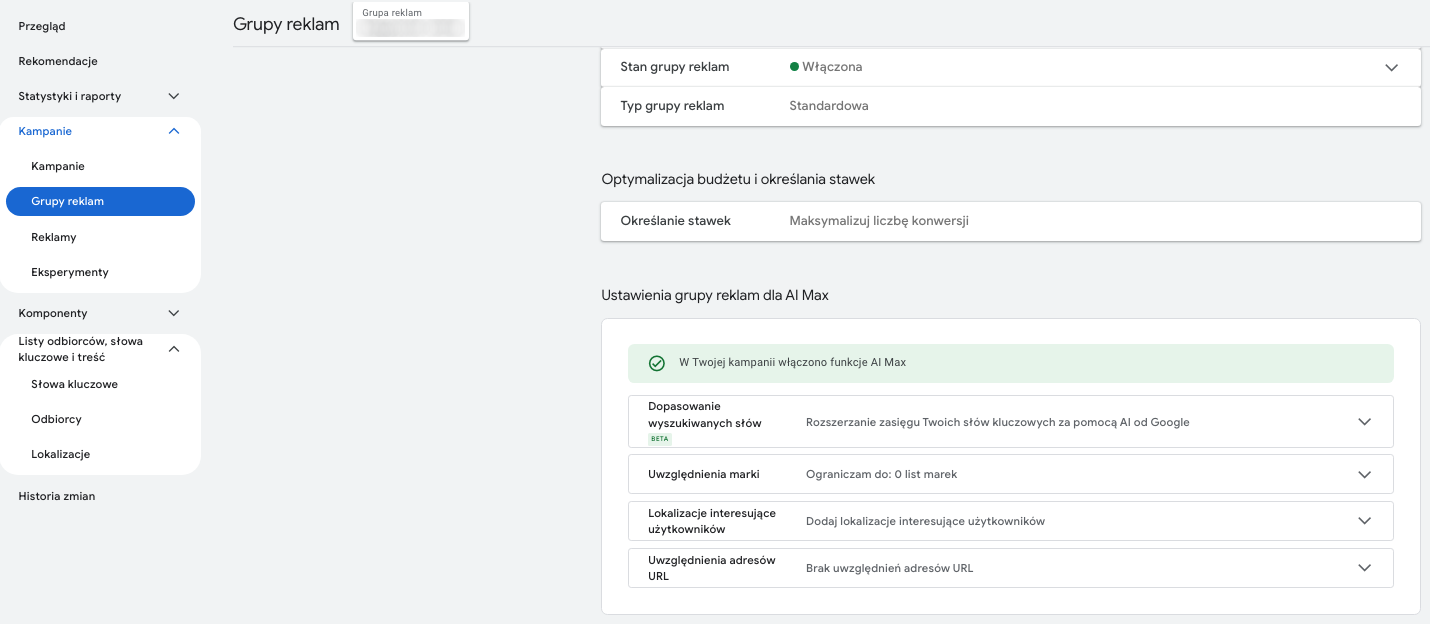 Ustawienia AI Max dostępne na poziomie grup reklam w Google Ads