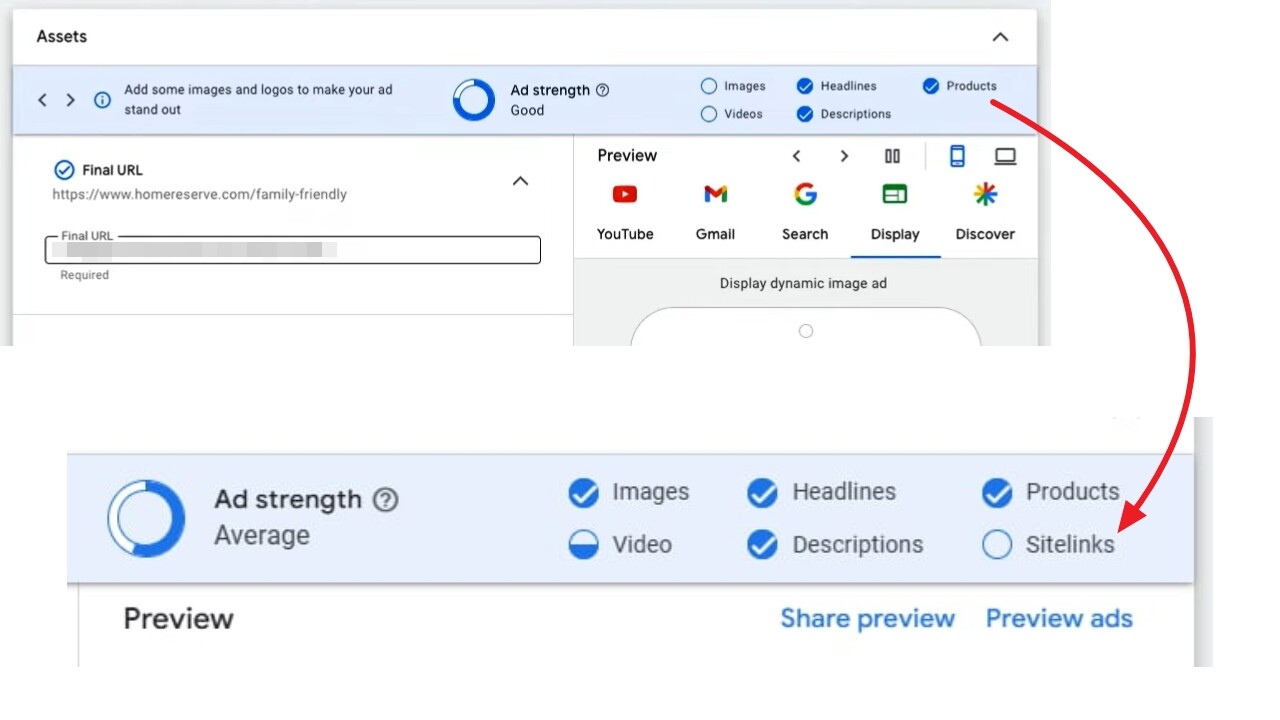 Linki do podstron wpływają na ocenę skuteczności reklam w kampaniach Performance Max