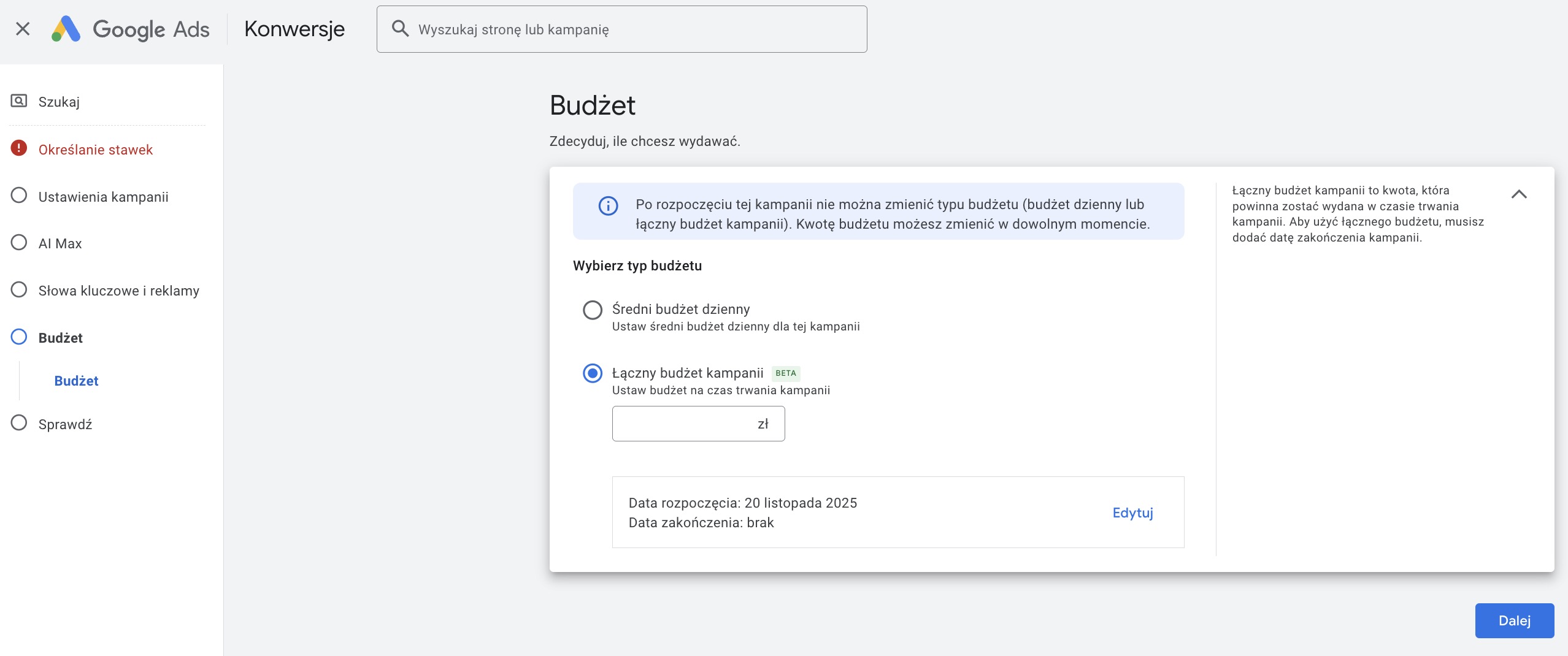 Łączny budżet kampanii dostępny także w kampaniach Search