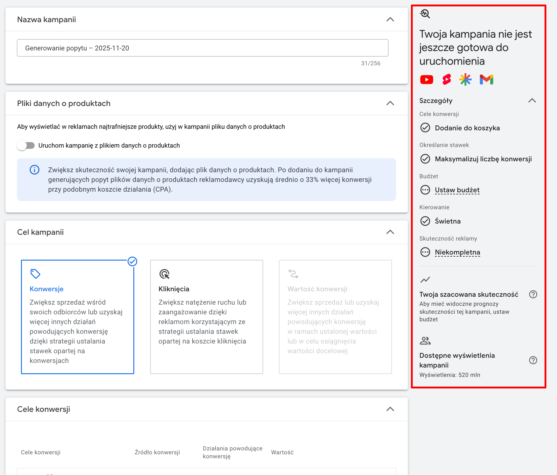 Setup Checklist w kampaniach Demand Gen - nowy panel prowadzący przez konfigurację