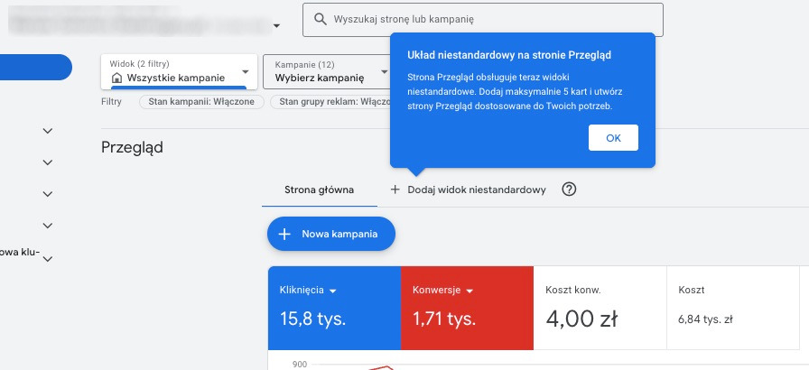 Nowy układ niestandardowy na stronie Przegląd w Google Ads