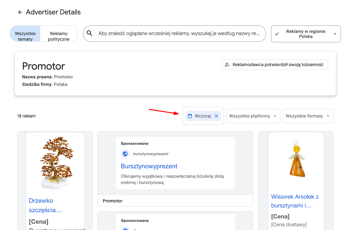 Centrum przejrzystości reklam z obsługą własnych zakresów dat