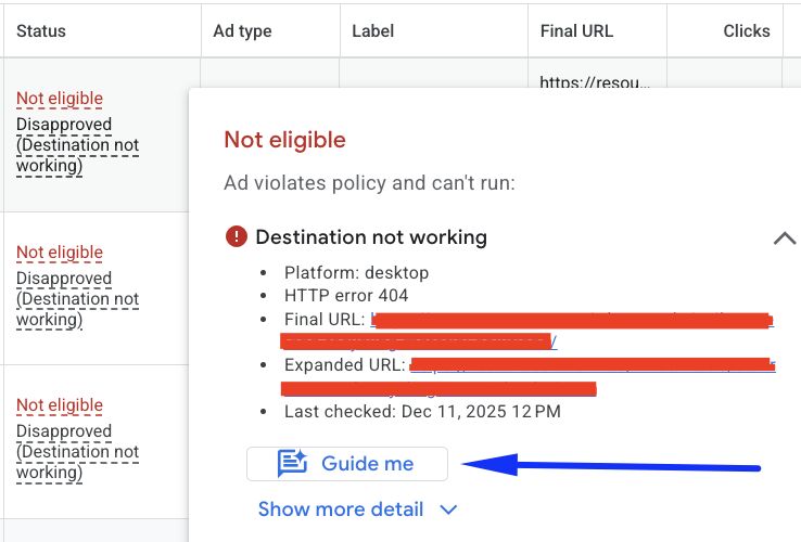 Opcja „Guide me” przy odrzuconych reklamach w Google Ads