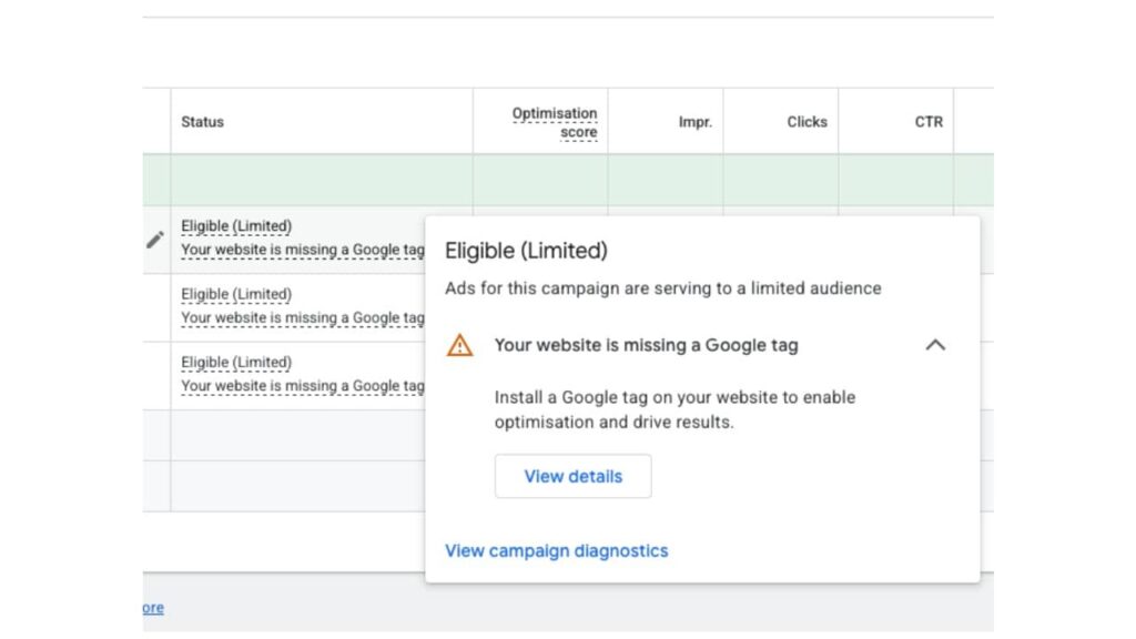 Google Ads ogranicza kampanie bez wdrożonego tagu Google