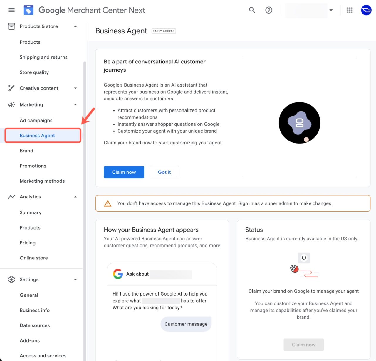 Business Agent w Google Merchant Center