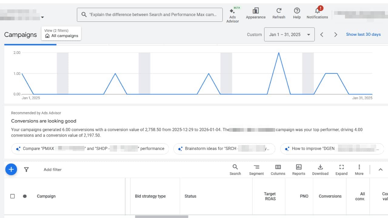 Google Ads Advisor z podsumowaniem konwersji pod wykresami