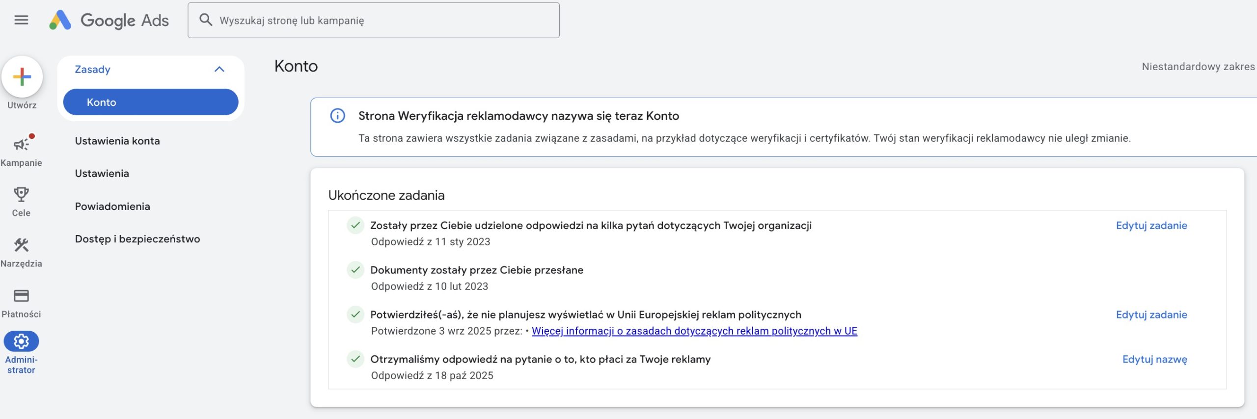 Strona "Weryfikacja reklamodawcy” przeniesiona do Administracji