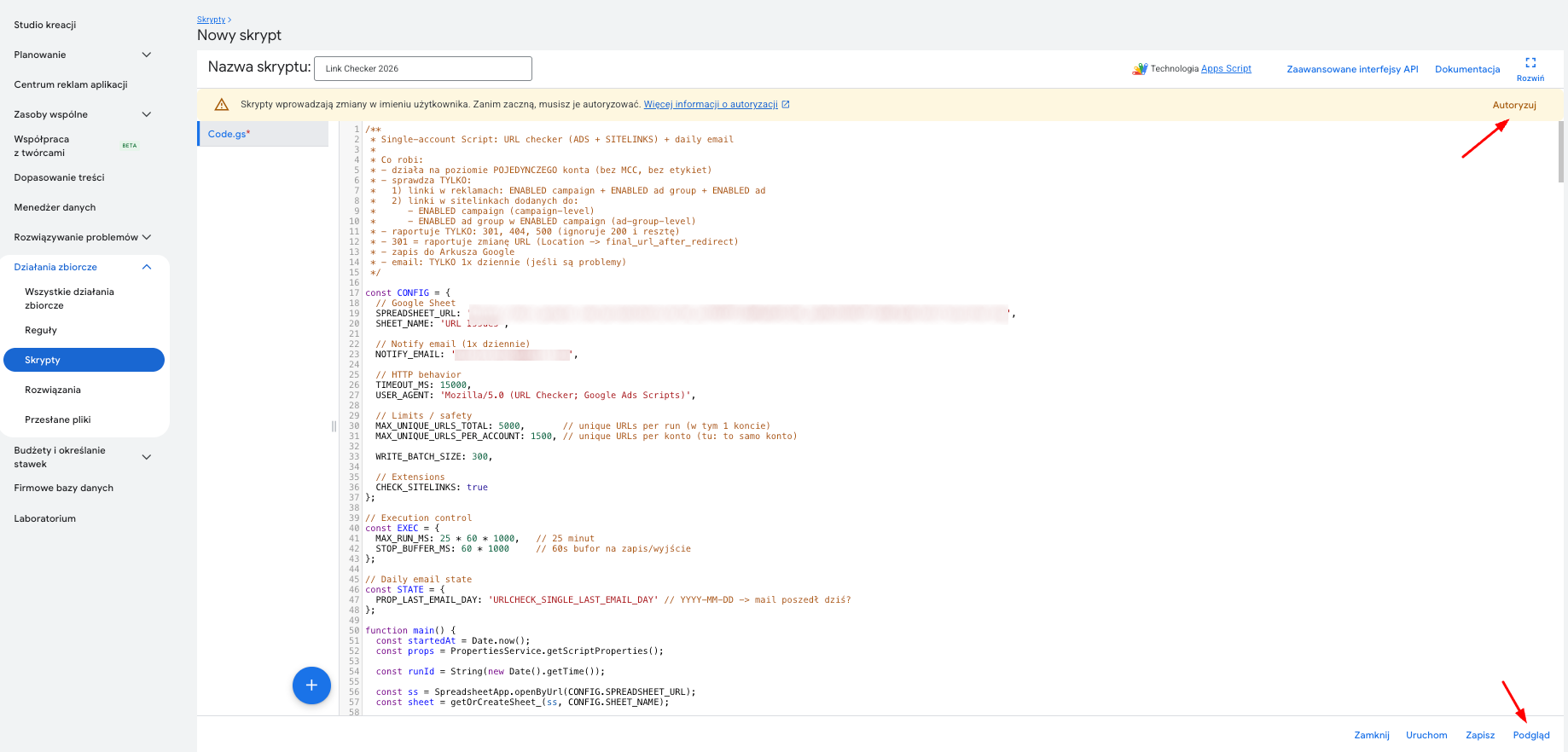 Zaawansowany link checker w Google Ads - skrypt do kontroli adresów URL w reklamach i rozszerzeniach