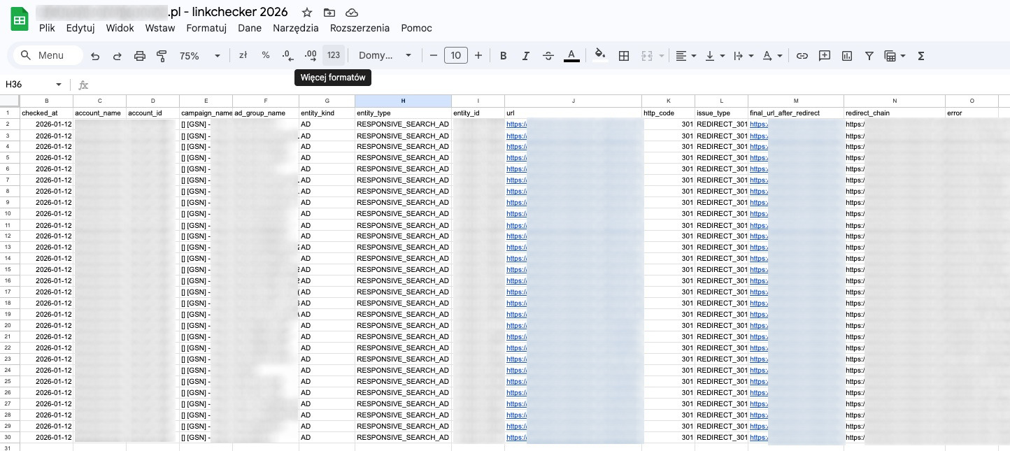 Zaawansowany link checker w Google Ads - skrypt do kontroli adresów URL w reklamach i rozszerzeniach