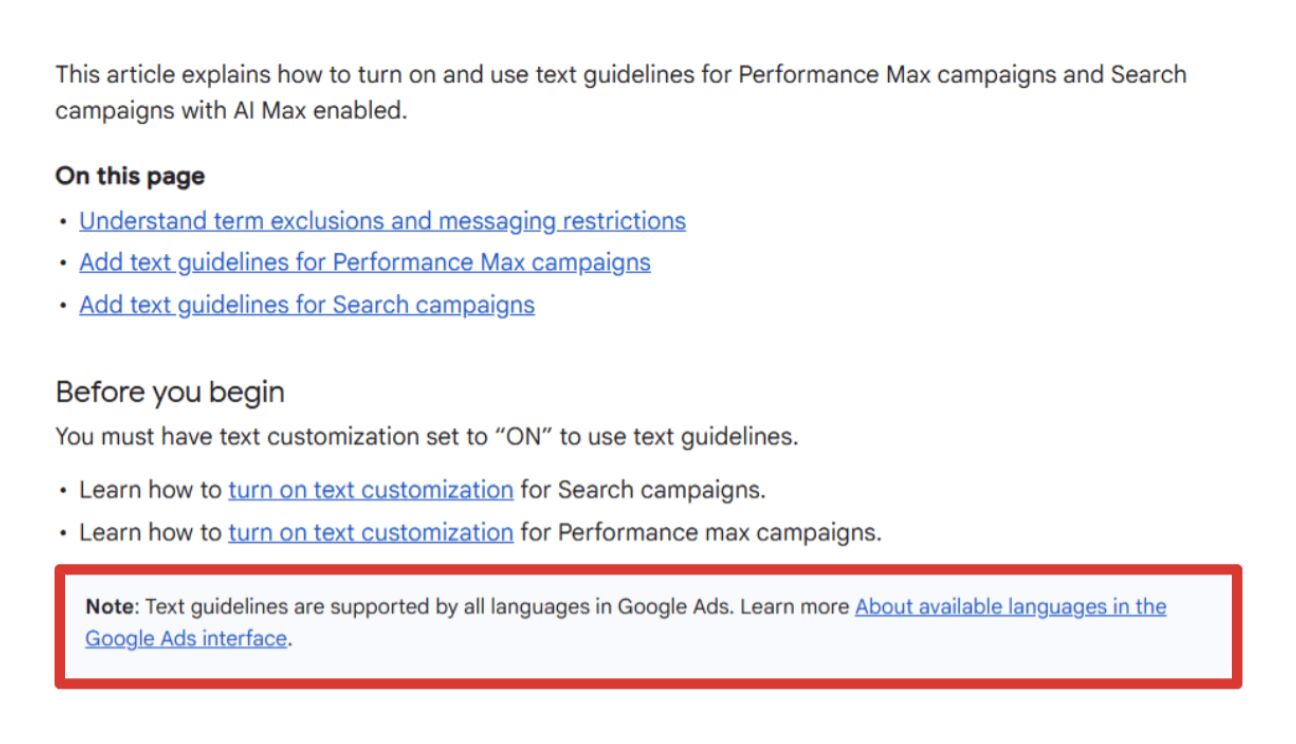 Text Guidelines w Google Ads dostępne we wszystkich językach