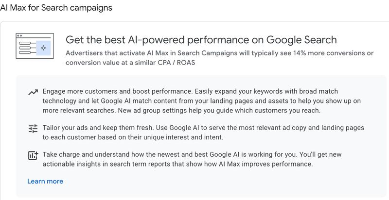 Google promuje AI Max bezpośrednio w interfejsie Google Ads