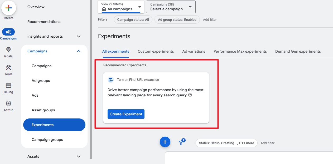 Google Ads pokazuje rekomendowane eksperymenty